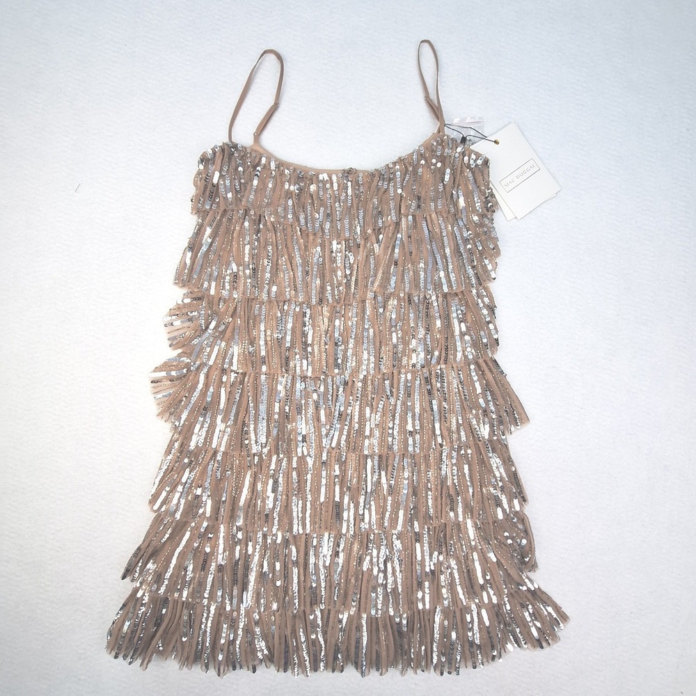Mac Duggal Mini Dress Womens 2 Nude Silver Beaded Strap Sequin Ruffle Tiered